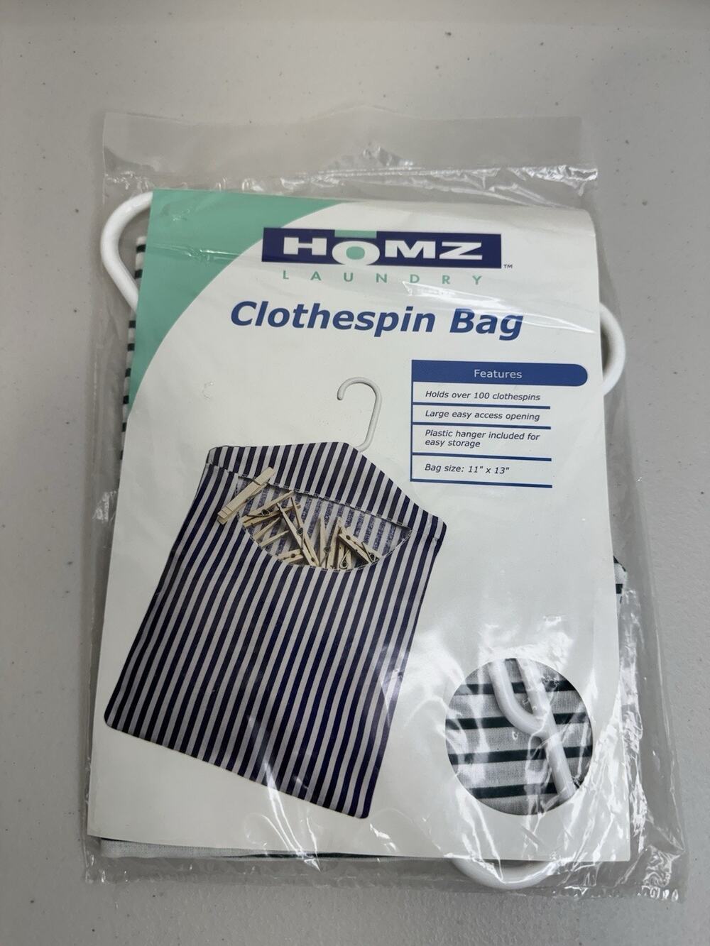 1999 VTG HOMZ Clothespin Bag Dark Green White Stripe 11” X 13” Holds 100 Clips